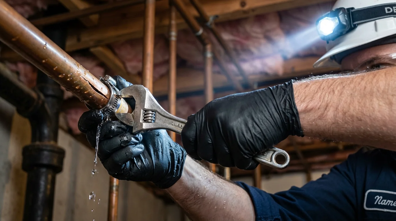 Emergency pipe clamp repair being performed by a Johns Plumbing LLC plumber in Baltimore