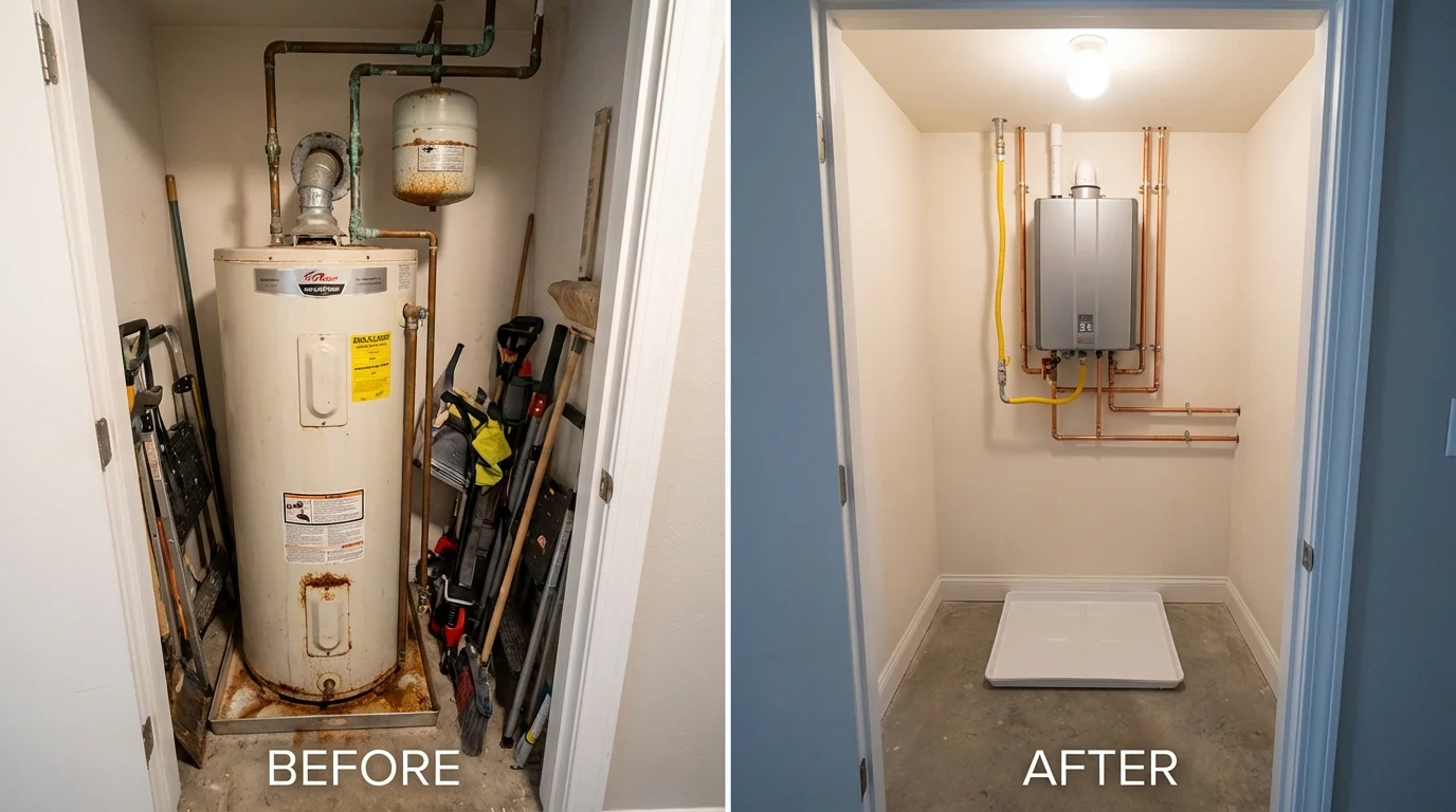 Tank water heater versus wall-mounted tankless unit comparison for Baltimore, MD homeowners